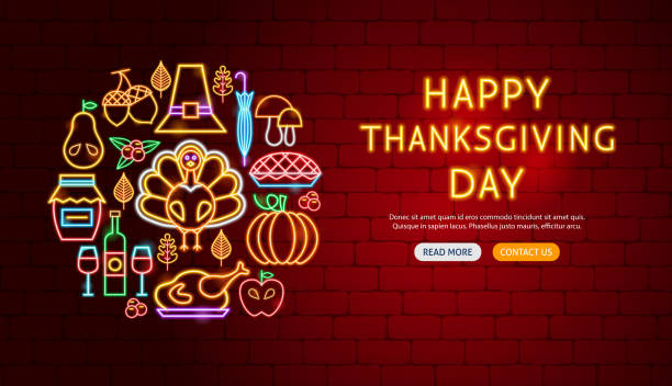 幸せな感謝祭の日ネオン バナー デザイン - thanksgiving symbol turkey apple点のイラスト素材／クリップアート素材／マンガ素材／アイコン素材