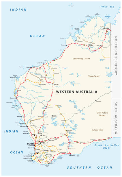 ilustrações, clipart, desenhos animados e ícones de mapa rodoviário do estado australian ocidental - oceano antártico