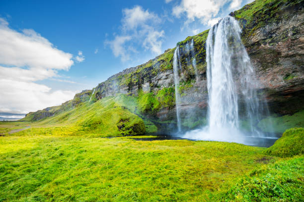 View of Seljalandsfoss one of most stunning waterfalls in Iceland stock photo