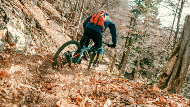 istock Male and female mountain biker riding bicycle 1060878246
