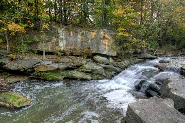 A small portion of Berea Falls Ohio during peak fall colors. This cascading waterfall looks it's best with peak autumn colors in the trees.