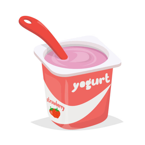 ilustraciones, imágenes clip art, dibujos animados e iconos de stock de copa de yogurt con cuchara - yogur