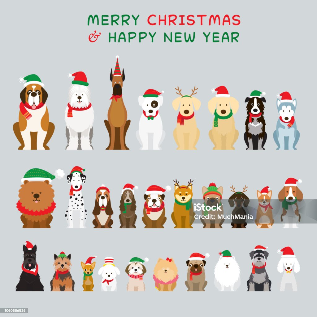 Dogs Sitting and Wearing Christmas Costume, Characters Winter and New Year Celebration Christmas stock vector