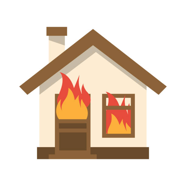 illustrations, cliparts, dessins animés et icônes de icône de la maison brûle. la flamme dans la maison. - crisis house burning color image