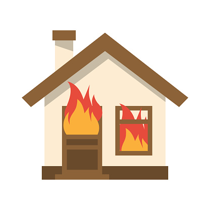 Burning house icon. Flame in home. Vector illustration flat design. Isolated on white background. Fire insurance template. Accident.