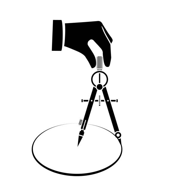 ilustraciones, imágenes clip art, dibujos animados e iconos de stock de mano con el compás para dibujar la silueta - drawing compass drawing circle technology