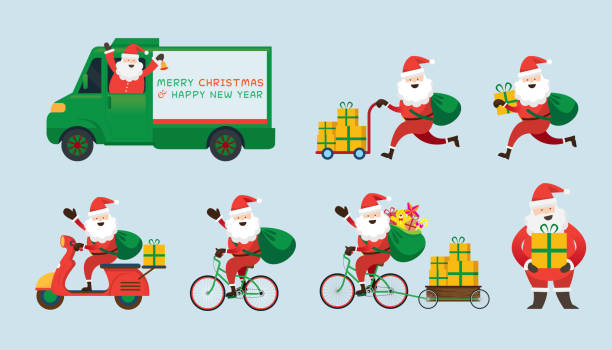 illustrations, cliparts, dessins animés et icônes de santa claus, le concept de service de livraison - père noel à vélo