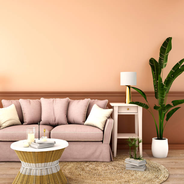 istock interior design for living area or reception with sofa,plant,sidetable,props on wood floor and pink in Scandinavian style background / 3d illustration,3d rendering 1060895502