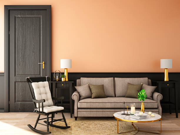 istock interior design for living area or reception with sofa,plant,sidetable,props on wood floor and black and deep pink in Scandinavian style background / 3d illustration,3d rendering 1060895556
