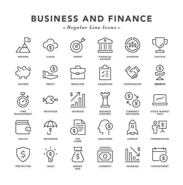 wirtschaft und finanzen - linienbus-symbole - currency growth making money protection stock-grafiken, -clipart, -cartoons und -symbole