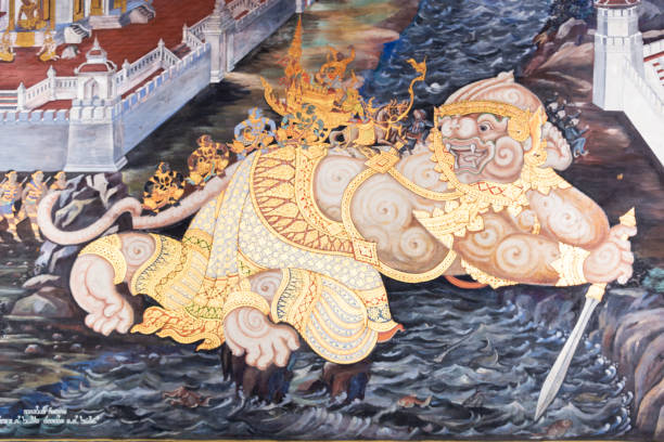 pintura tailandesa tradicional arte parede - temple wat phra kaeo mural wall - fotografias e filmes do acervo