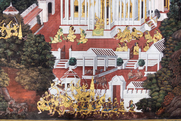 pintura tailandesa tradicional arte parede - temple wat phra kaeo mural wall - fotografias e filmes do acervo