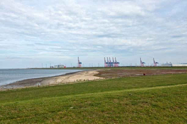 Wilhelmshaven, Germany - September 16, 2018: The empty JadeWeser Port, a rarely used deep water port in Lower Saxony