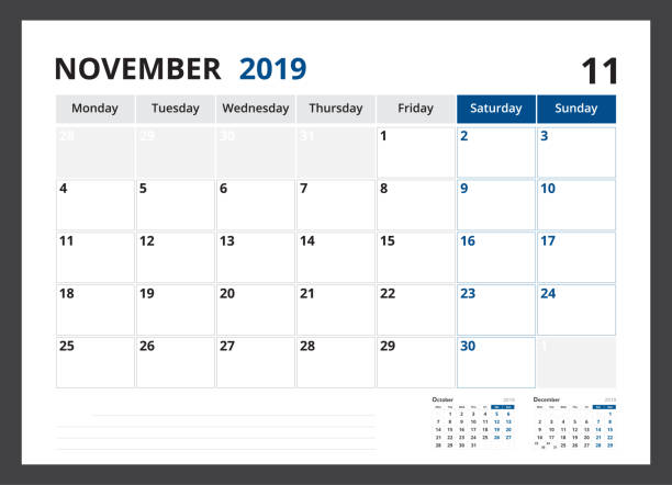istock 2019 calendar planner corporate template design November week start on Monday. 1060901566