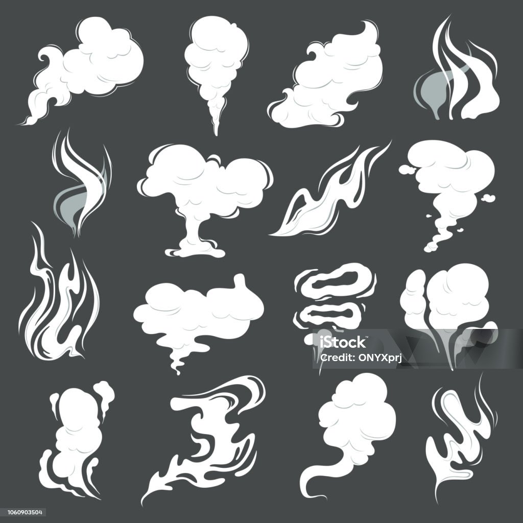 Smoke clouds. Steam puff cigarette or food smell vector abstract illustrations of fume in cartoon style Smoke clouds. Steam puff cigarette or food smell vector abstract illustrations of fume in cartoon style. Cloud vapor, smell cigarette, smoky aroma Smoke - Physical Structure stock vector