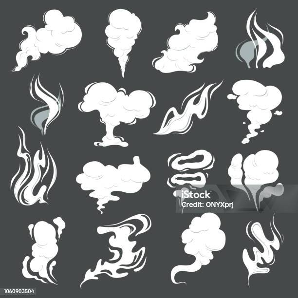 Smoke Clouds Steam Puff Cigarette Or Food Smell Vector Abstract Illustrations Of Fume In Cartoon Style Stock Illustration - Download Image Now