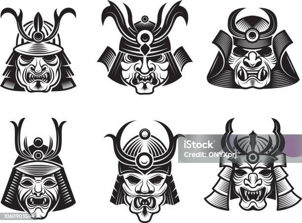 Martial Masks Warrior Japanese Samurai Shogun Asian Armour Vector Black Illustrations Isolated Stock Illustration - Download Image Now