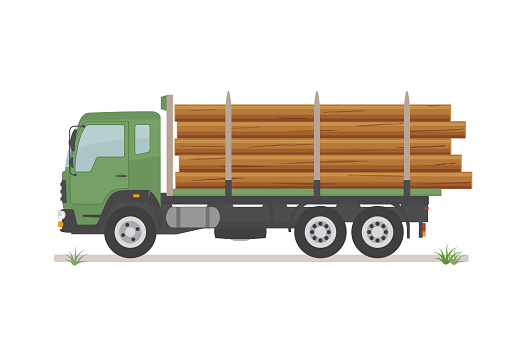 Logging truck on the road. Isolated on white background. Wood production and forestry. Vector illustration.