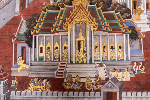 traditionelle thailändische malerei kunst wand - temple wat phra kaeo mural wall stock-fotos und bilder