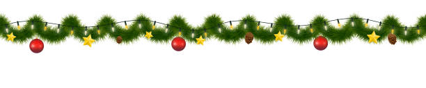 ilustrações de stock, clip art, desenhos animados e ícones de festive christmas garland. new year decorative torse, horizontally seamless festoon. - tinsel