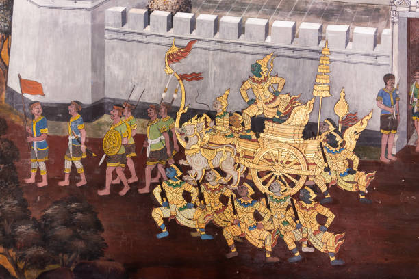 pintura tailandesa tradicional arte parede - temple wat phra kaeo mural wall - fotografias e filmes do acervo