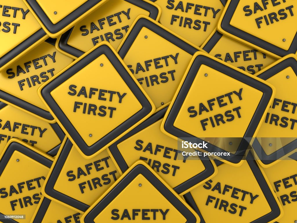 SAFETY FIRST Road Sign - 3D Rendering Safety Stock Photo