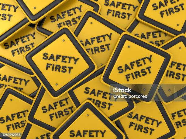Safety First Road Sign 3d Rendering Stock Photo - Download Image Now - Safety, Road, Driving