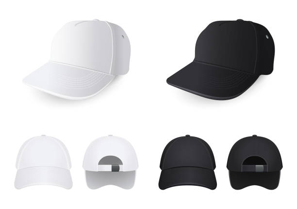 белые и черные шапки с разных углов - baseball cap illustrations stock illustrations