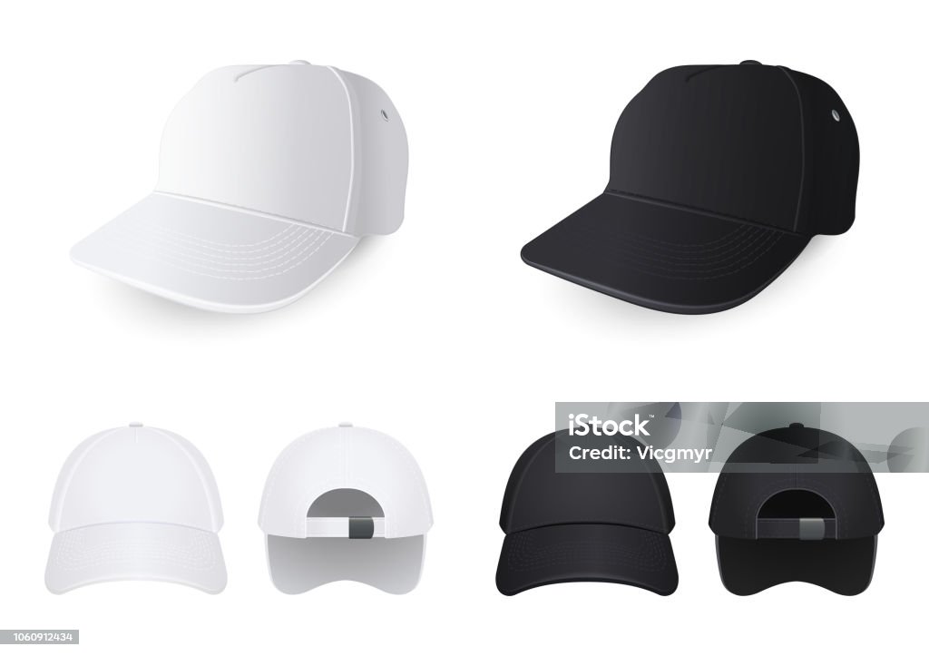 White and Black Caps from Different Angles white and black caps from different angles on a white background Cap - Hat stock vector