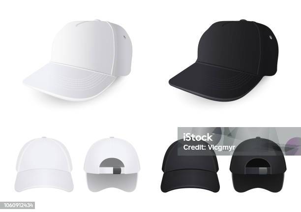 White And Black Caps From Different Angles Stock Illustration - Download Image Now - Cap - Hat, Hat, Template