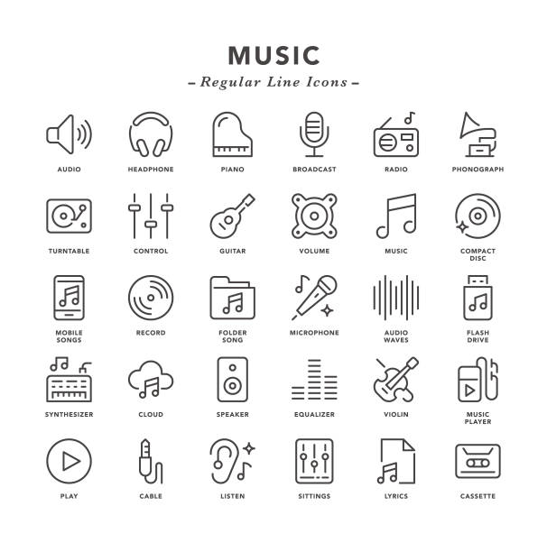 ilustraciones, imágenes clip art, dibujos animados e iconos de stock de música - los iconos de línea regular - musical instrument audio