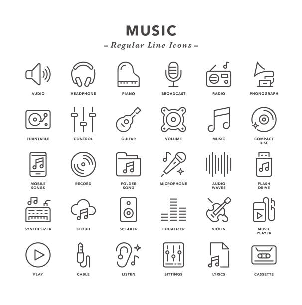 müzik - normal satıra simgeler - kulaklık seti ses ekipmanı illüstrasyonlar stock illustrations