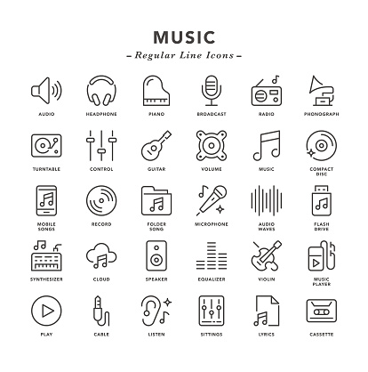 Music - Regular Line Icons - Vector EPS 10 File, Pixel Perfect 30 Icons.