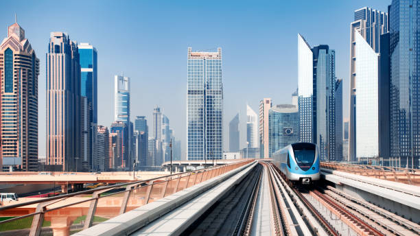 view from first railway carriage. dubai city skyline panorama. beautiful urban landscape of uae in the day - driverless train imagens e fotografias de stock