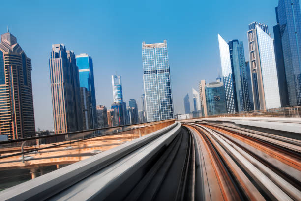 istock View from first railway carriage. Speed motion blur metro abstract background in the day 1060914512