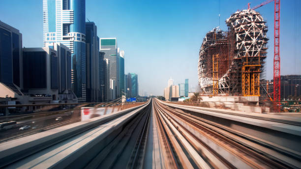 istock View from first railway carriage. Speed motion blur metro abstract background in the day 1060914632