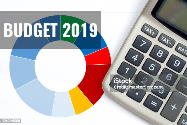 Budget 2019 Business Concept With Calculator And Colorful Charts Stock Photo - Download Image Now