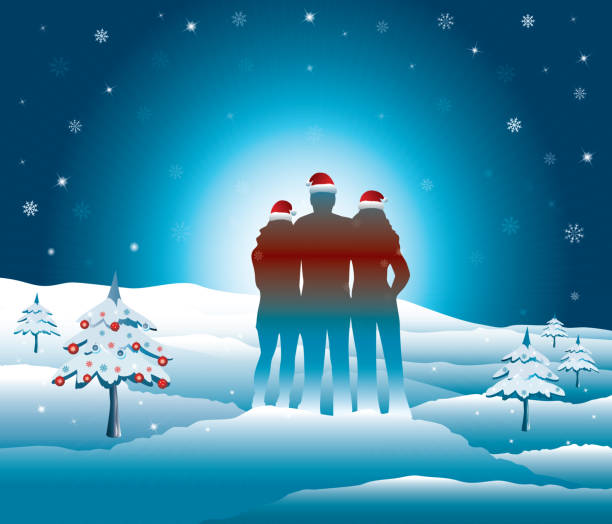 Family relaxing and enjoying time together in snowy mountains. Family relaxing and enjoying beautiful snowy mountain view on holiday winter trip. Father with arms around his family. Vector illustration. People on Christmas vacation. Blue Ridge Mountains, North Carolina, USA. blue ridge mountains vector stock illustrations
