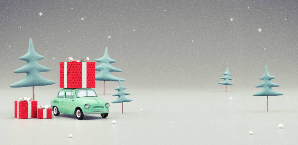 istock Holidays Background with Green Car Carrying Christmas Gift 3d render 1060915428