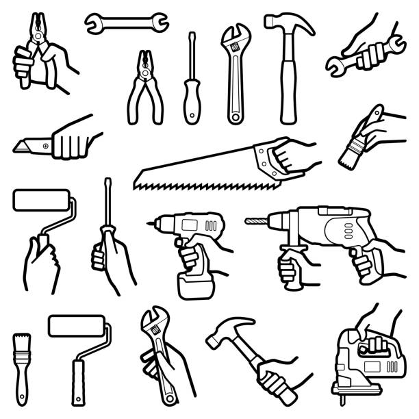 строительный инструмент с ручной коллекцией - hand drill hand tool screwdriver drill stock illustrations