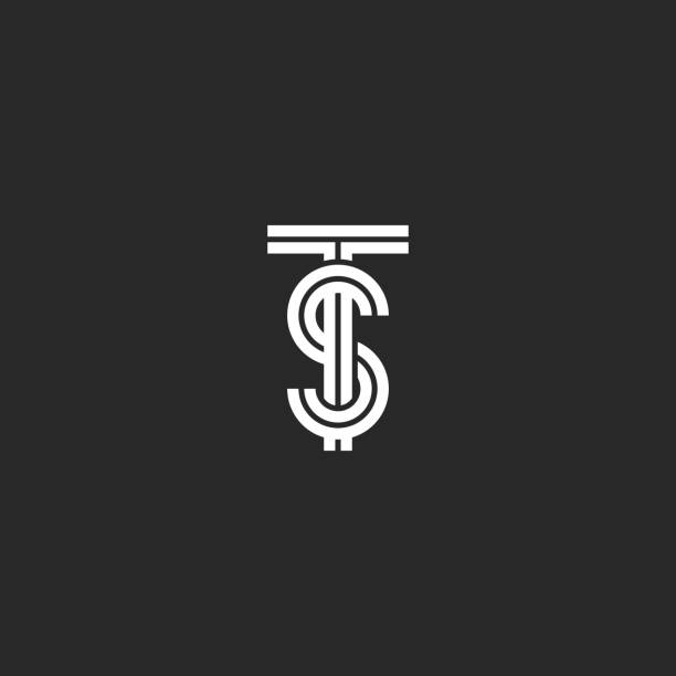 перекрывающиеся ts или st инициалы логотип монограммы черно-белые параллельные линии пересечения формы, сочетание двух букв t и s старый стил� - letter t stock illustrations
