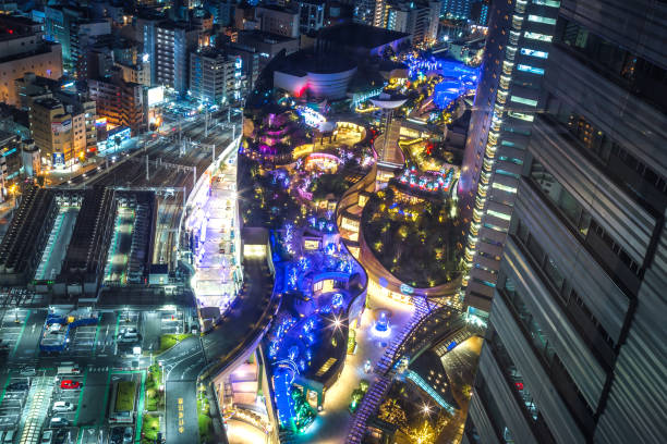 November 2017 : City skyline overlooking Namba District with winter night illumination show around Osaka city