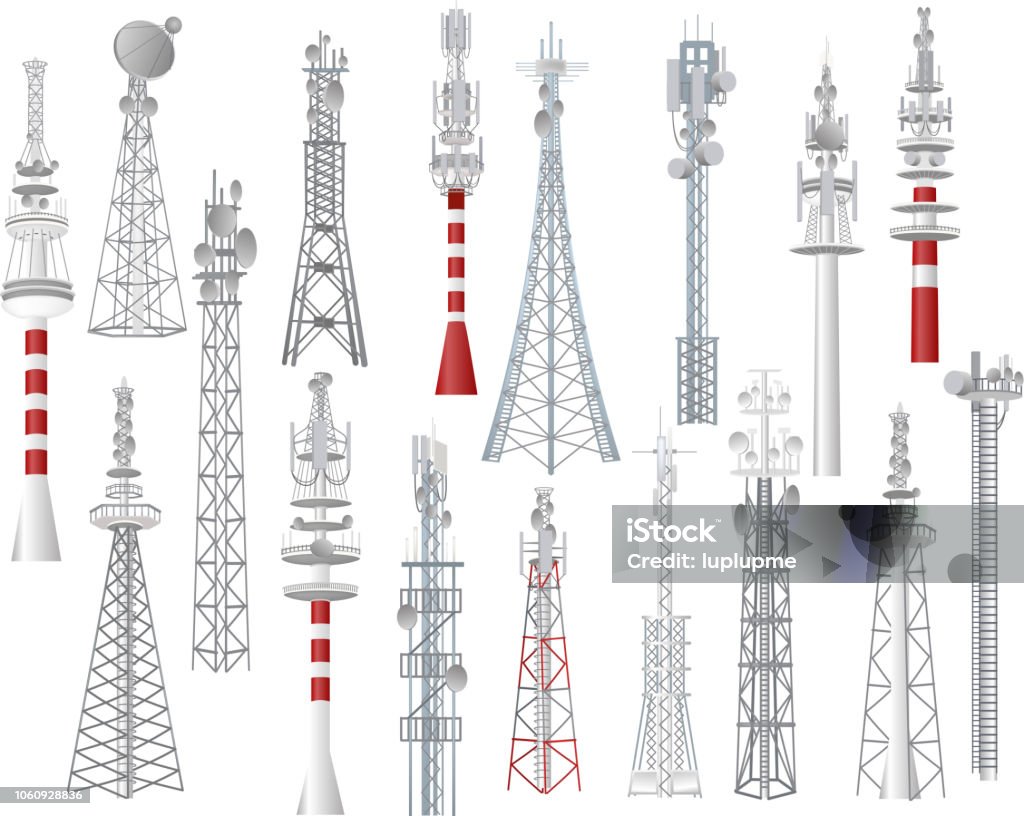 Radio tower vector towered communication technology antenna construction in city with network wireless signal station illustration set of towering broadcast equipment isolated on white background Radio tower vector towered communication technology antenna construction in city with network wireless signal station illustration set of towering broadcast equipment isolated on white background. Communications Tower stock vector