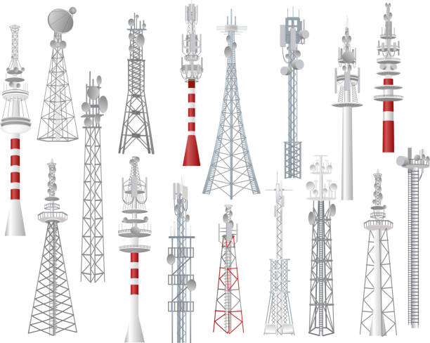 Radio tower vector towered communication technology antenna construction in city with network wireless signal station illustration set of towering broadcast equipment isolated on white background vector art illustration
