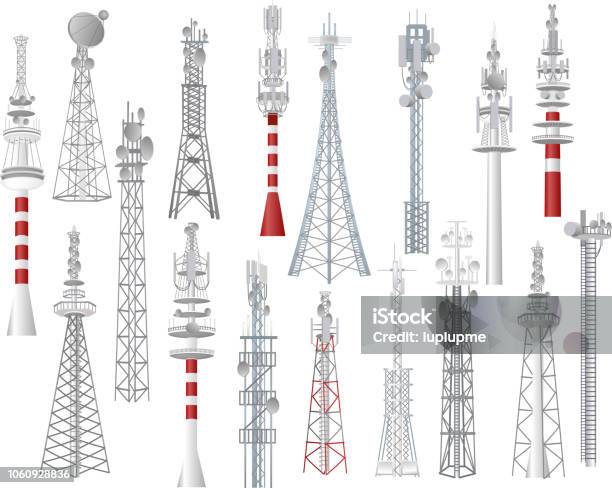 Radio Tower Vector Towered Communication Technology Antenna Construction In City With Network Wireless Signal Station Illustration Set Of Towering Broadcast Equipment Isolated On White Background Stock Illustration - Download Image Now