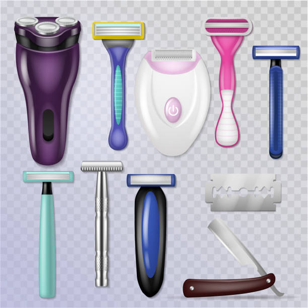 Razor vector realistic sharp blade sharp shaver and personal male shaving equipment illustration hygiene set of woman daily razor-blade bathroom accessory isolated on transparent background Razor vector realistic sharp blade sharp shaver and personal male shaving equipment illustration hygiene set of woman daily razor-blade bathroom accessory isolated on transparent background. safety razor stock illustrations