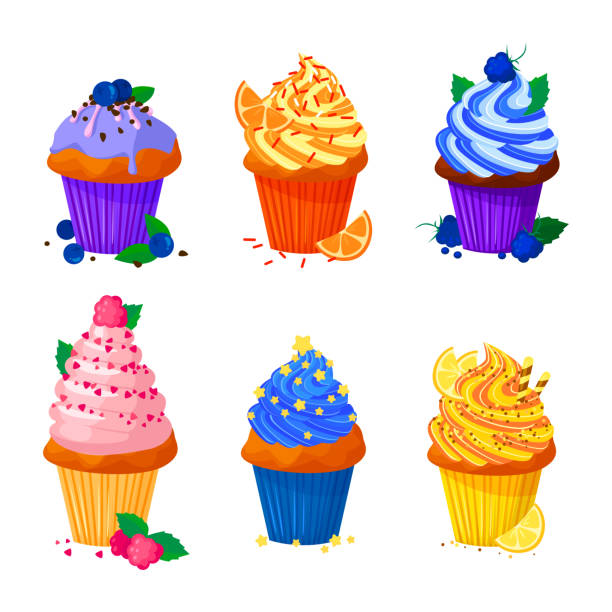 illustrazioni stock, clip art, cartoni animati e icone di tendenza di illustrazione vettoriale in stile cartone animato di dolce cupcakes. deliziosi dolci decorati con crema e spruzzi. mettere. muffin isolati su sfondo bianco. - muffin blueberry muffin blueberry isolated