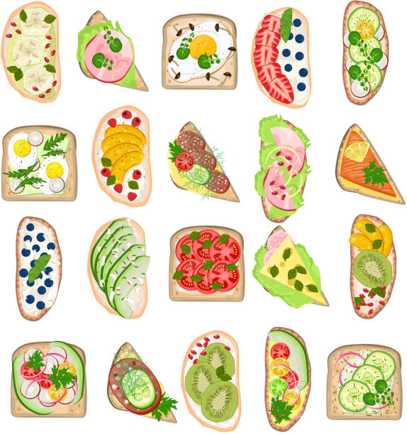 tosty wektor zdrowe tosty z warzywami sera chlebowego e - toast bread berry appetizer stock illustrations