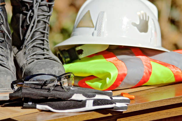 Safety Protection Equipment Safety Personal Protection Equipment including hardhat, gloves, protective glasses helmet hardhat protective glove safety stock pictures, royalty-free photos & images