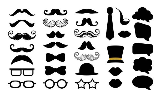 Moustache mustache vector hipster icon set Hipster mustache vector icon set. Moustache photo booth props. Hat, glasses, speech bubble. Vector silhouette. Logo isolated on white background photo booth stock illustrations